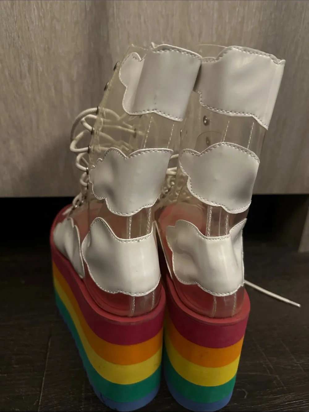 Current Mood Platform Lace-Up Boots - Clear Cloud Design with Rainbow Platform